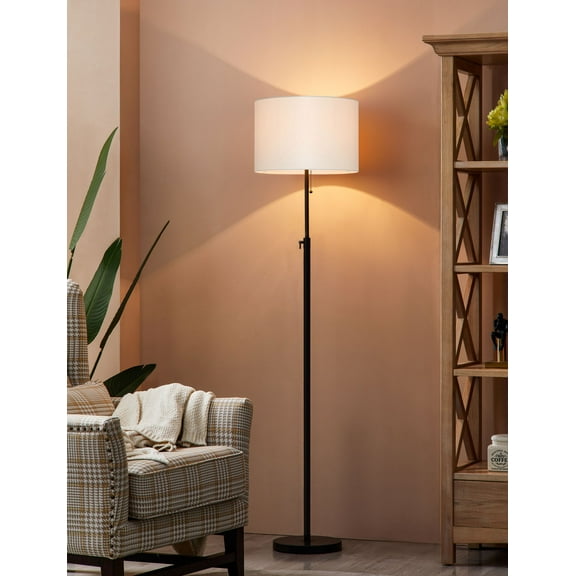 KAWOTI 64.5'' Adjustable Height Floor Lamp for Living Room Office, Modern Standing Floor Lamp with Pull-Chain Switch, Painted Matte Black