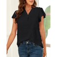 thumbnail image 3 of Blusa de manga corta jacquard con cuello en V y mangas con volantes Camisa ajustada informal para mujer Señora Negro XL, 3 of 6