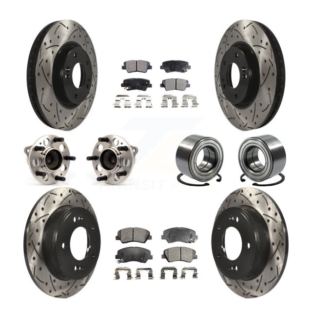 Transit Auto Front Rear Hub Bearing Assembly Coated Disc Brake Rotor and Semi-Metallic Pads Kit (10Pc) for Car 2014 Kia Forte SX with 15" Factory Wheels - Left Right Side (Driver Passenger) KBB-107383
