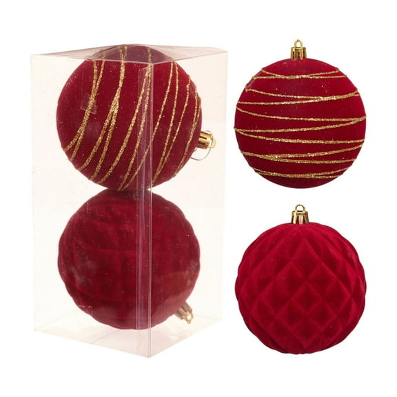 Christmas Tree Ornaments Velvet Balls - Pack of 2 Extra Large Shatterproof Xmas Bulbs Decorations Set - Christmas Ornaments Hanging Decorations for Xmas Tree - Multi-Style Red, 100mm 3.94 inch