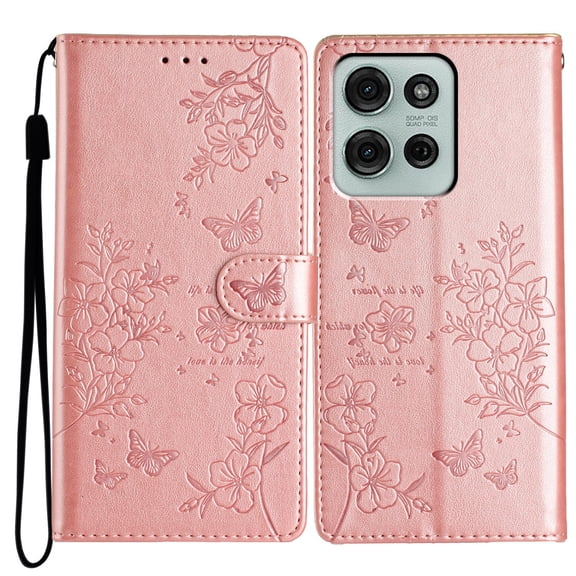 ELEHOLD For Moto G 5G (2025) Flip Wallet Case with Card Slot Shockproof Floral Butterfly Pattern PU Leather Full Body Protective Cover with Wrist Strap, Rosegold