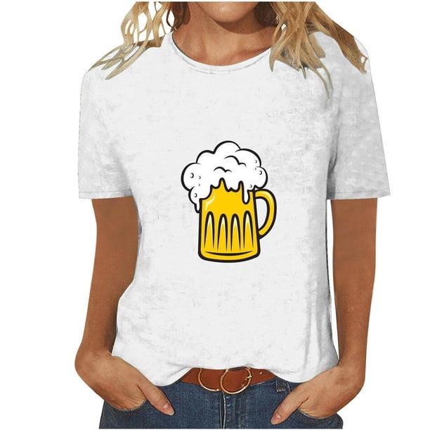 Tops Cortos para Mujeres, Oktoberfest Casual Impreso Cuello Redondo Manga Corta Camiseta Top Hecho de Poliéster para la Primavera Verano Uso Diario, Camisetas Casuales de Mujer
