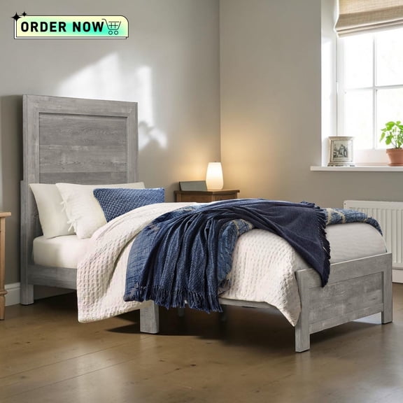 Tcbosik Twin Size Platform Bed, Wood Bed Frame with Headboard, Box Spring Required, Easy Assembly, Gray