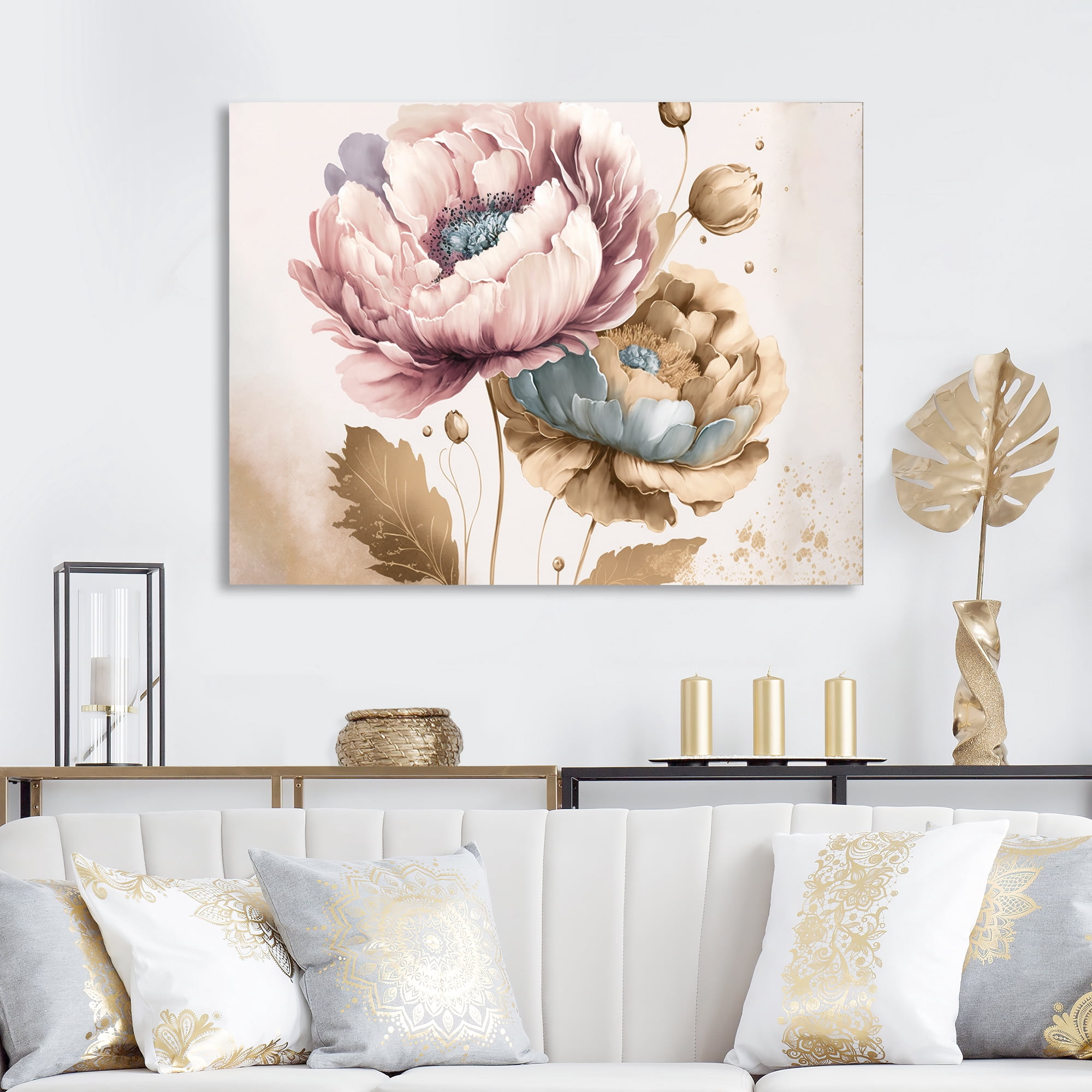 Designart Pink And Gold Poppy Flowers II Canvas Wall Art