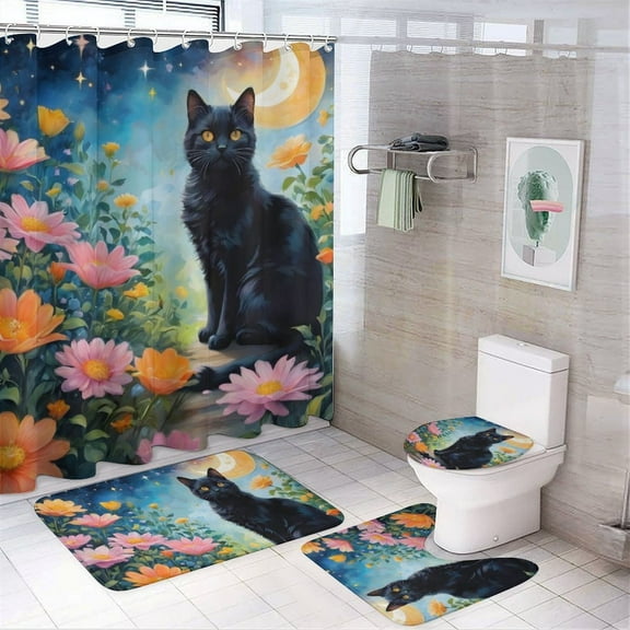 Cute Cat Shower Curtain Set, 4-Piece Bathroom Decor Set with 72" x 72" Shower Curtain, Toilet Cover Mat, U-Shaped Mat, Non-Slip Floor Mat