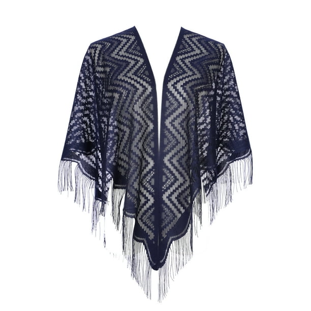 Chales y envolturas INSPIRE CHIC para vestidos de noche, bufandas triangulares de encaje con flecos para fiestas formales de boda 70.9"x27.6" azul marino