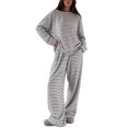thumbnail image 2 of Clossjun Womens Striped Print Lounge Set 2 Piece Casual Fashion Outfit Long Sleeve Shirt & Wide Leg Pants Set for Fall Wear M, 2 of 4