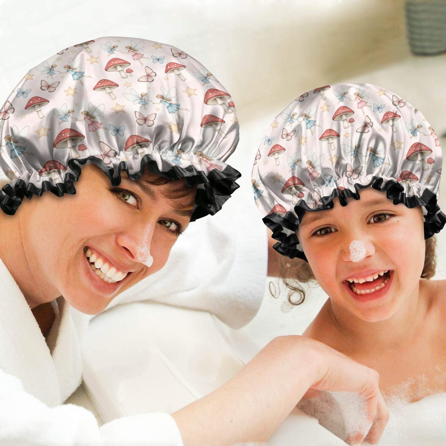 Shower Caps,Mushroom Fairy Princess Pattern Waterproof Shower Cap for Women 4 Pieces,Double Reusable Hair Cover for Shower PEVA Elastic Stretch Hem