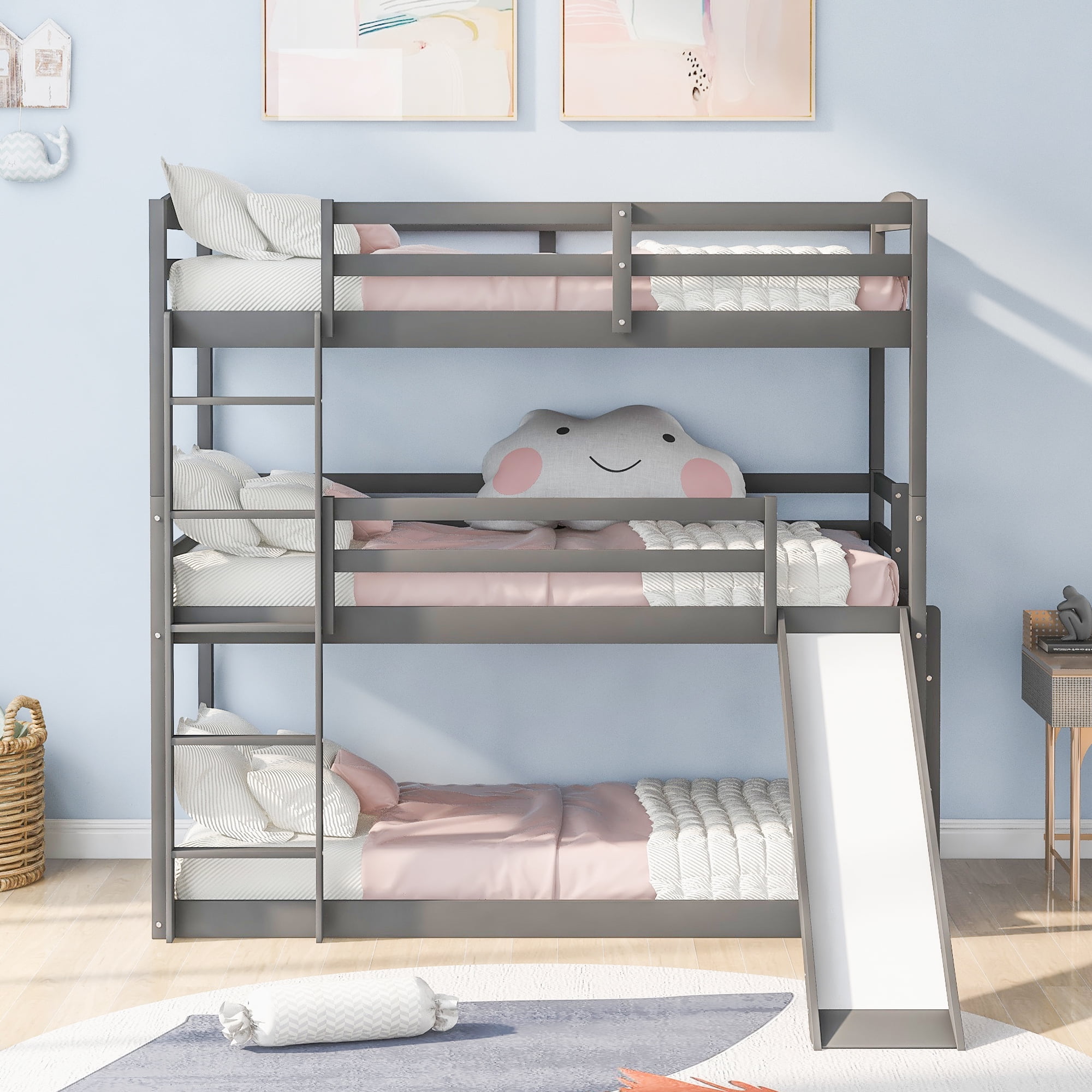 SYNGAR Bunk Beds for 3, Solid Wood Triple Bed with Ladder & Slide