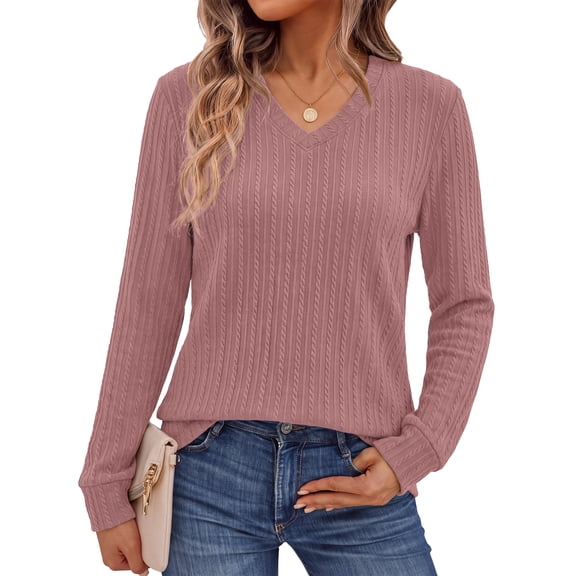 Fantaslook Long Sleeve Shirts for Women V Neck Textured Tops Fall Blouses Lightweight Tunic Pullover