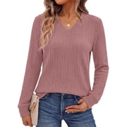 Fantaslook Long Sleeve Shirts for Women V Neck Textured Tops Fall Blouses Lightweight Tunic Pullover