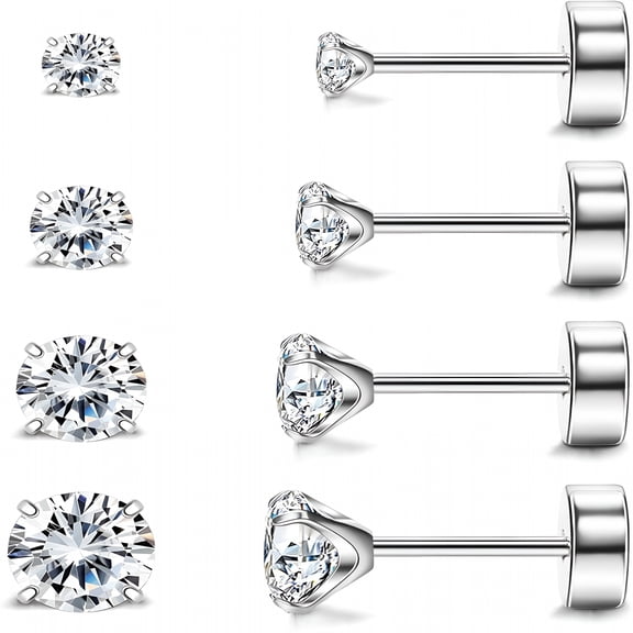 DESIGNICE 2026 New Hypoallergenic Flat Back Earrings for Women and Men,4 Pairs Implant Grade Titanium Stud Earrings with Flat Backs for Cartilage,Screw Back Pure Titanium Earrings Set