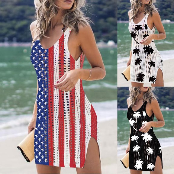 ZZwxWA Womens Hollow Out Slit Crochet Cover Up Sleeveless 4th of July Patriotic Swimwear Beach Dresses