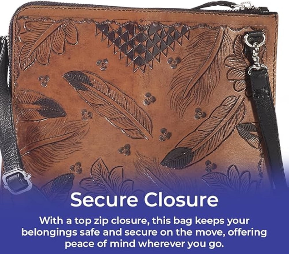 Sagefinds Genuine Leather Crossbody Bag for Women - Designer Feather - Floral Tooled Purse -7"x9"