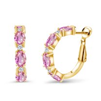 Gem Stone King 5.03 Ct Pink Sapphire G-H Lab Grown Diamond 18K Yellow Gold Plated Silver Hoop Earrings