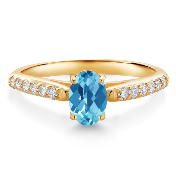 Gem Stone King 10K Yellow Gold Swiss Blue Topaz and White Lab Grown Diamond Engagement Ring for Women (1.18 Cttw, Oval Checkerboard 7X5MM, Gemstone November Birthstone, Size 8)