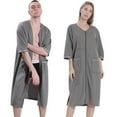 thumbnail image 4 of Miyanuby Men Women's Zip Up Housecoat Soft Bathrobe Half Sleeve Sleepwear Full Length Pure Loungewear with 2 Pockets, Purple, XL, 4 of 6