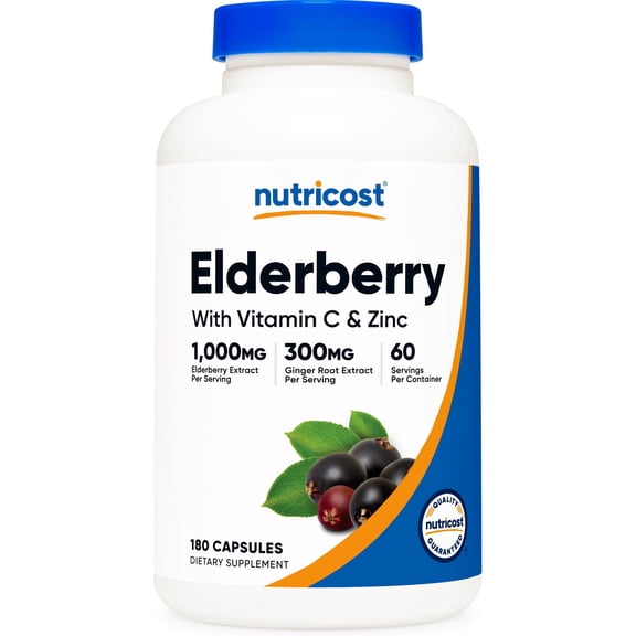 Nutricost Elderberry & Ginger Root Extract (1,300mg) with Vitamin C (500mg), Zinc (25mg) & Vitamin D (125mcg) 180 Capsules - Vegetarian-Friendly Supplement, GMO-Free, Gluten-Free, 60 Servings