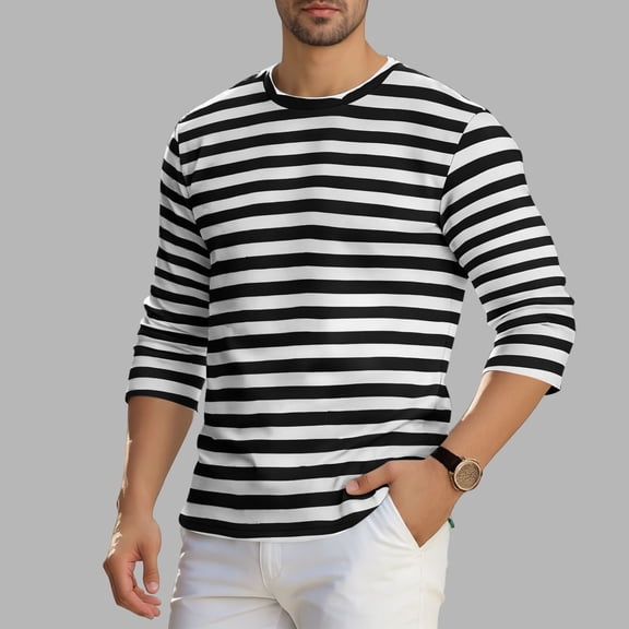 Men's Stripes Long Sleeve Shirts Fashion Round Neck 3/4 Sleeve Sports Blouses Shirts Casual Stylish Soft Casual Basic Pullover Shirt for Daily Wear