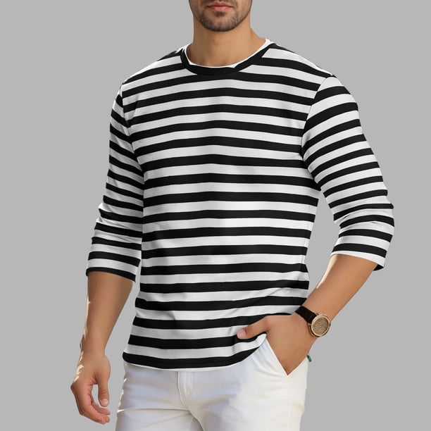 Ceisia Men's Spring Summer Casual Regular Fit Crew Neck Three-Quarter Sleeve T-Shirt Multi-Color Striped Cotton-Like Jersey Stretch Fabric Black L Gifts