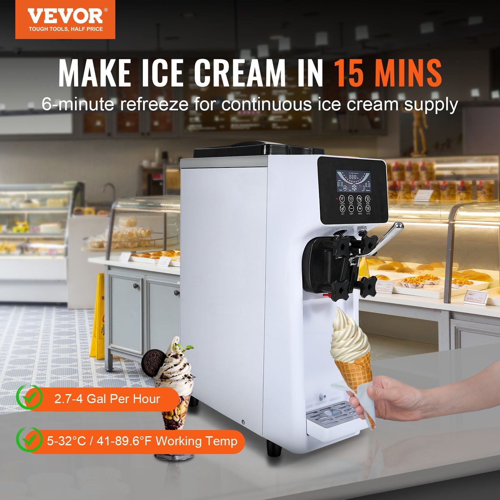 HCY Commercial Ice Cream Machine, 10.6 QT/H Yield, 1000W Single Flavor Countertop Soft Serve Ice Cream Maker, with 4L Hopper 1.6L Cylinder, LCD Panel Auto Clean Pre-cooling, for Restaurant Snack Bar