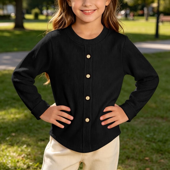 akafmk Cardigan for Girls Lightweight Ribbed Knit Cardigans Crew Neck Button Front Solid Color Casual Fall Outfits, Size 9-10 Years