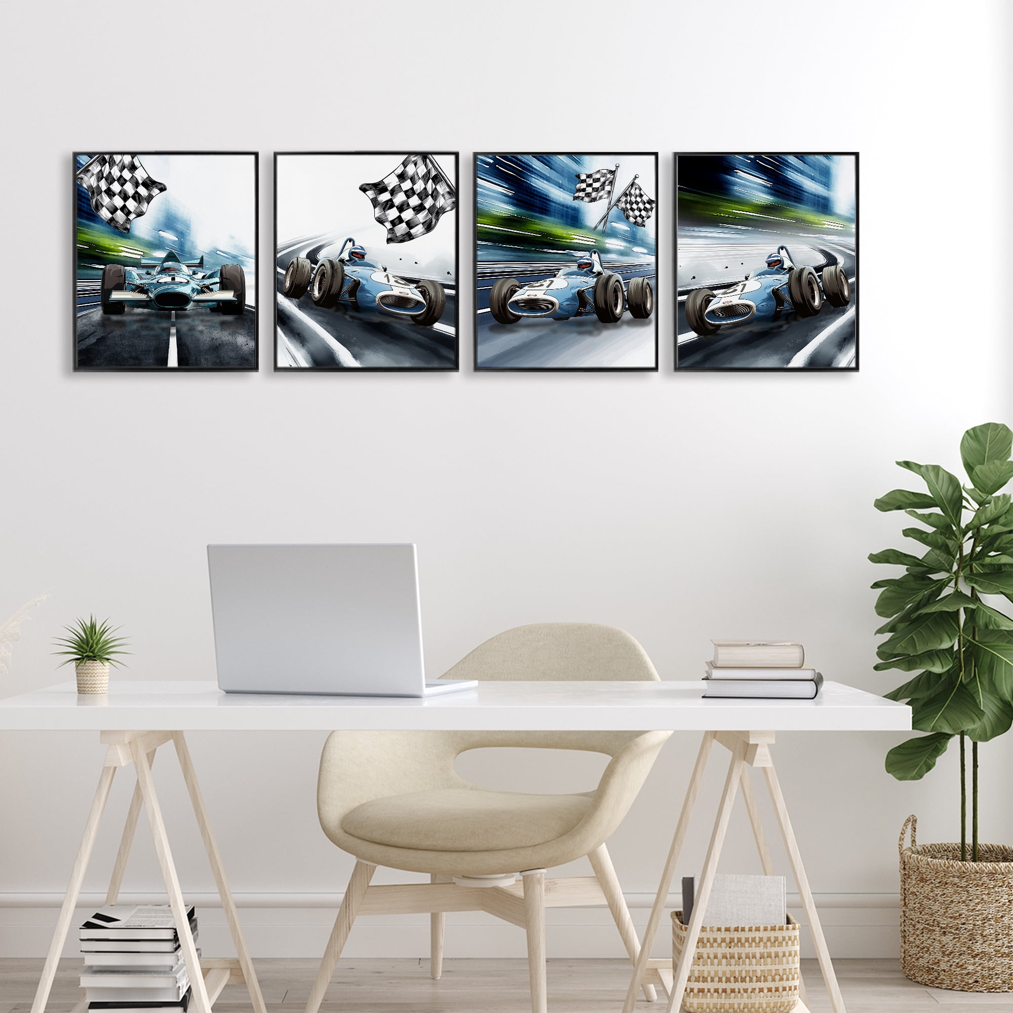 Stupell Industries Ready Set Racecars 4 Piece Black Framed Giclee Art Set, design by Christine Simpson Art
