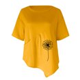 thumbnail image 4 of Chemises d'Été pour Femmes Col Rond Imprimé Coton Lin Haut Grande Taille Ourlet Irrégulier Décontracté Confortable Manches Courtes Blouse, 4 of 4
