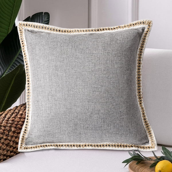 Set of 2 Throw Pillow Covers Vintage Linen Trimmed Cushion Covers, 20"x20"