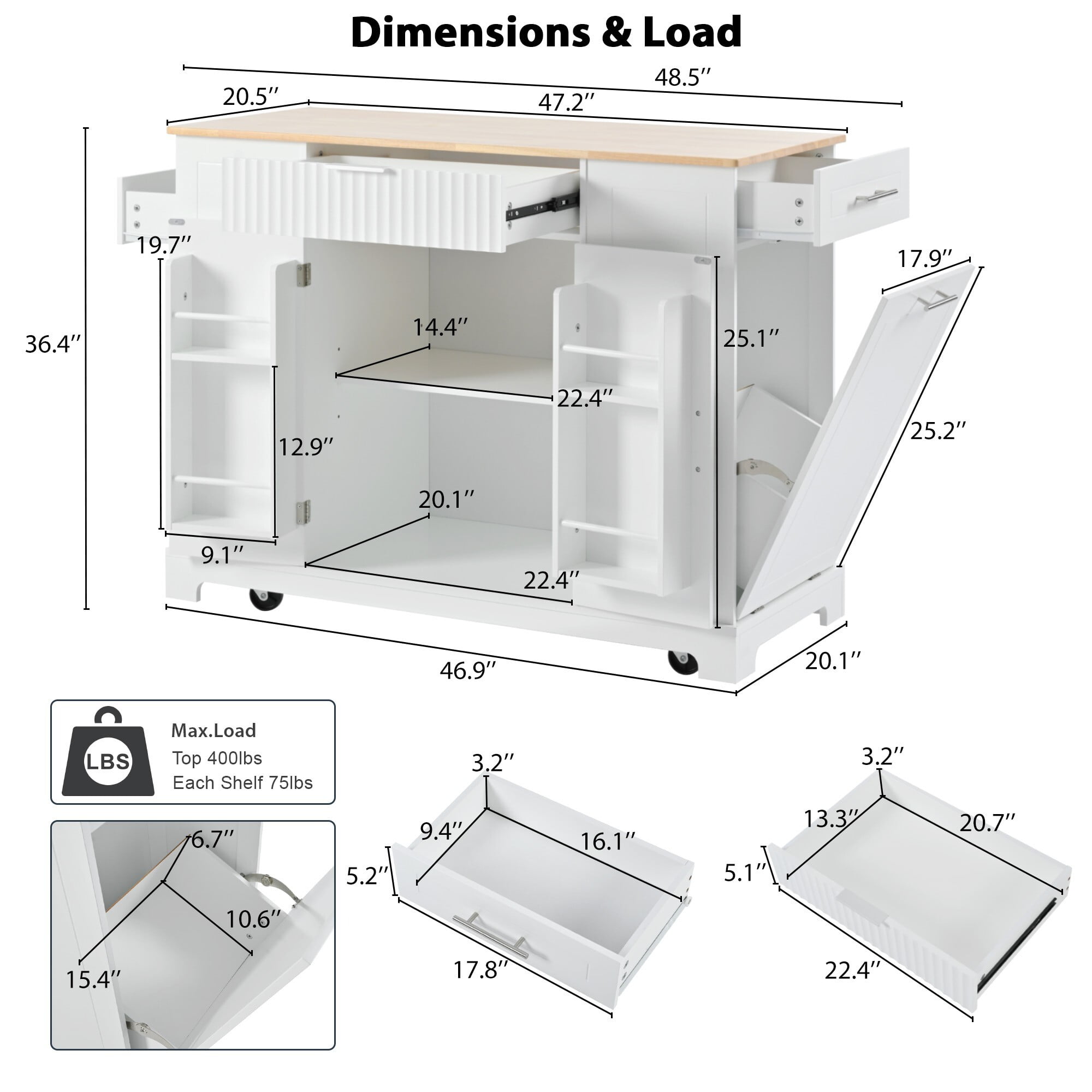 AENKYO 47" Kitchen Island with Power Outlet & Hidden Trash Can, Mobile Kitchen Cart with Drawers and Shelves, White