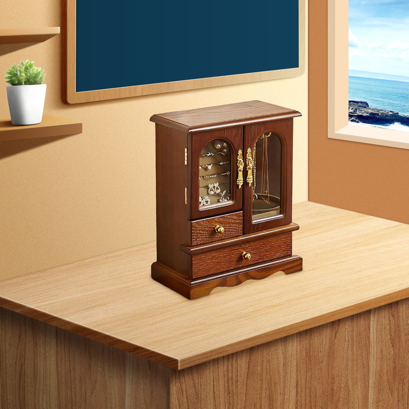Kumdkd Kendal Wooden Jewelry Box for Women with Mirror - Solid Wood Jewelry Organizer with Rotating Necklace Hooks, 2 Drawers, Ring Slots, Gift for Her, Birthday, Christmas, Mother's Day, Anniversary