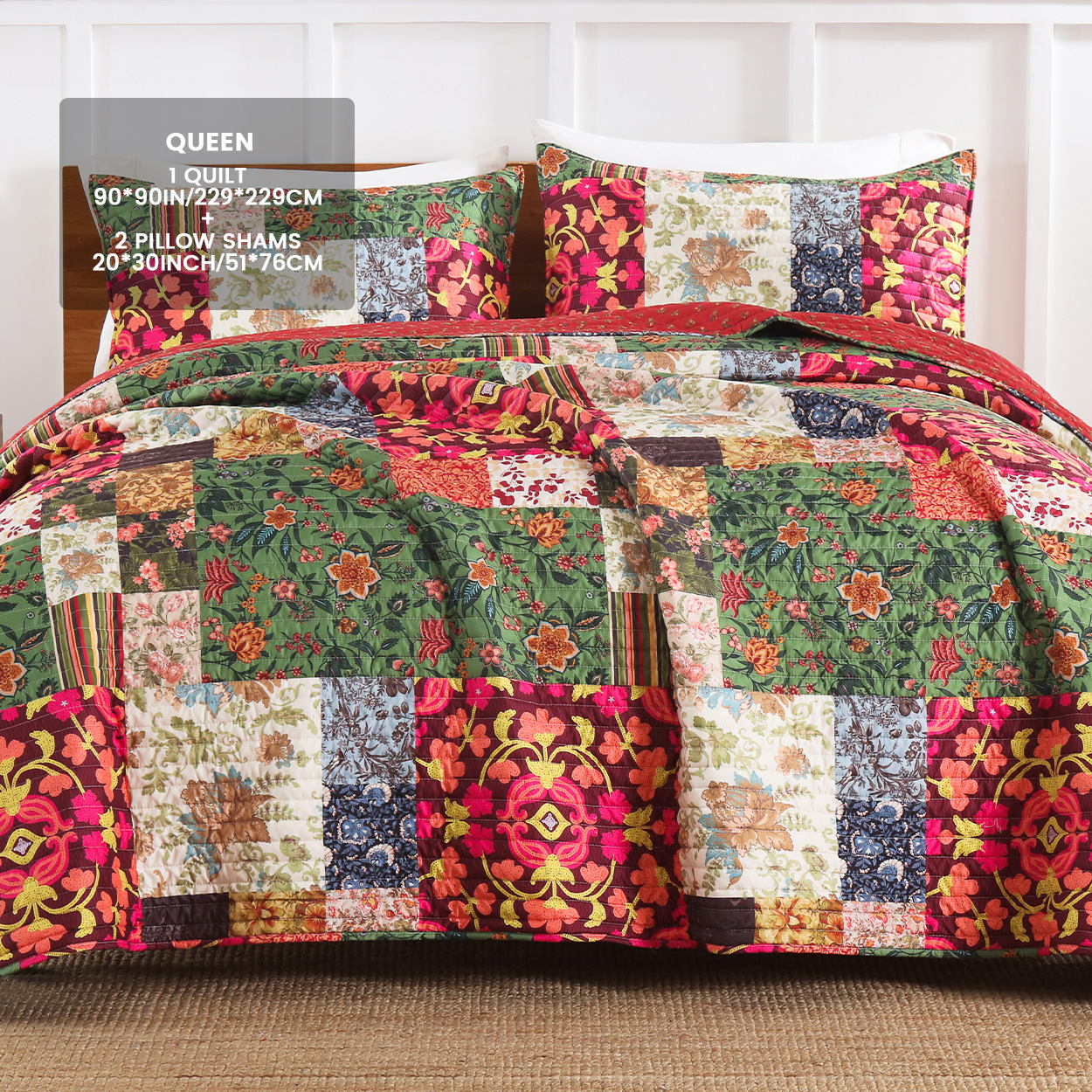 CHARRYARN Queen Comforter Set-Red Lightweight Patchwork-Spring and Summer  Bedspread-Super Soft Quilt （1 Quilt, 2 Pillow Shams, Red）