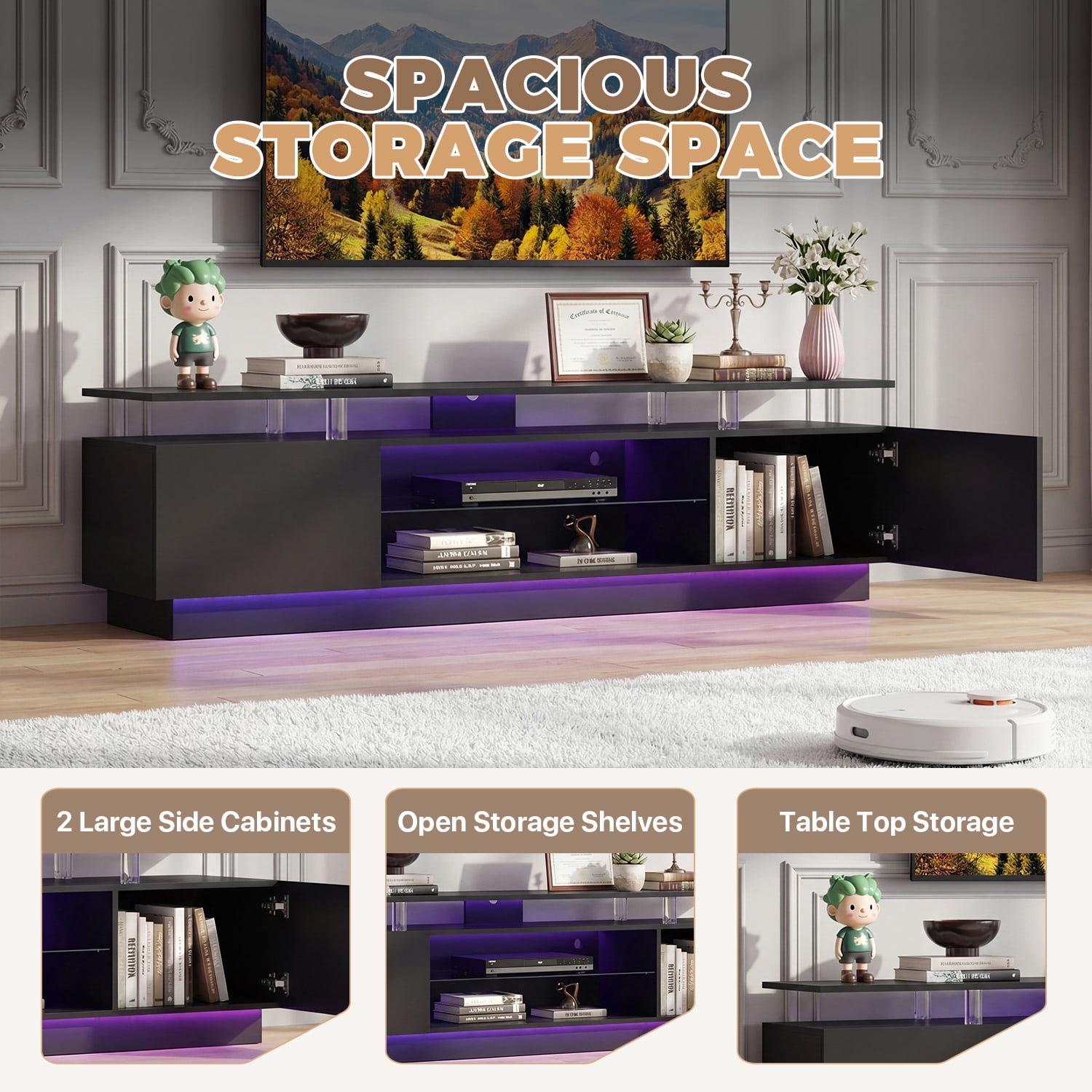 BaPiPro 70" LED Modern TV Stand for 65"-75" TVs, Entertainment Center TV Console with Music Sync LED for Living Room, Black