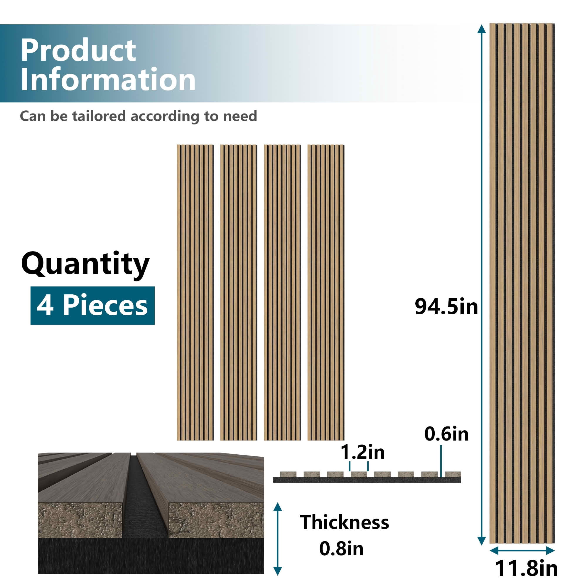 MAYEERTY Natural Wood Veneer MDF Sound Absorbing Panel for Wall Decor, 94x12x1 Inch, 4 Pack
