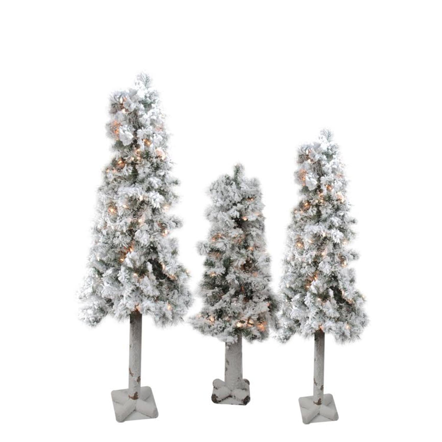 Set of 3 PreLit Flocked Woodland Alpine Artificial Christmas Trees 3