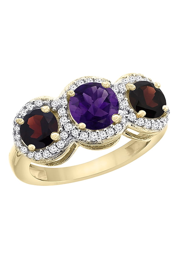 14K Yellow Gold Natural Amethyst & Garnet Sides Round 3-stone Ring Diamond Accents, size 7