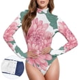 thumbnail image 3 of Pink Flower with Green Leaves Women's Mock Turtle Neck Long Sleeve Tops Bodysuit Jumpsuit One Piece Leotards Shirt, 3 of 8