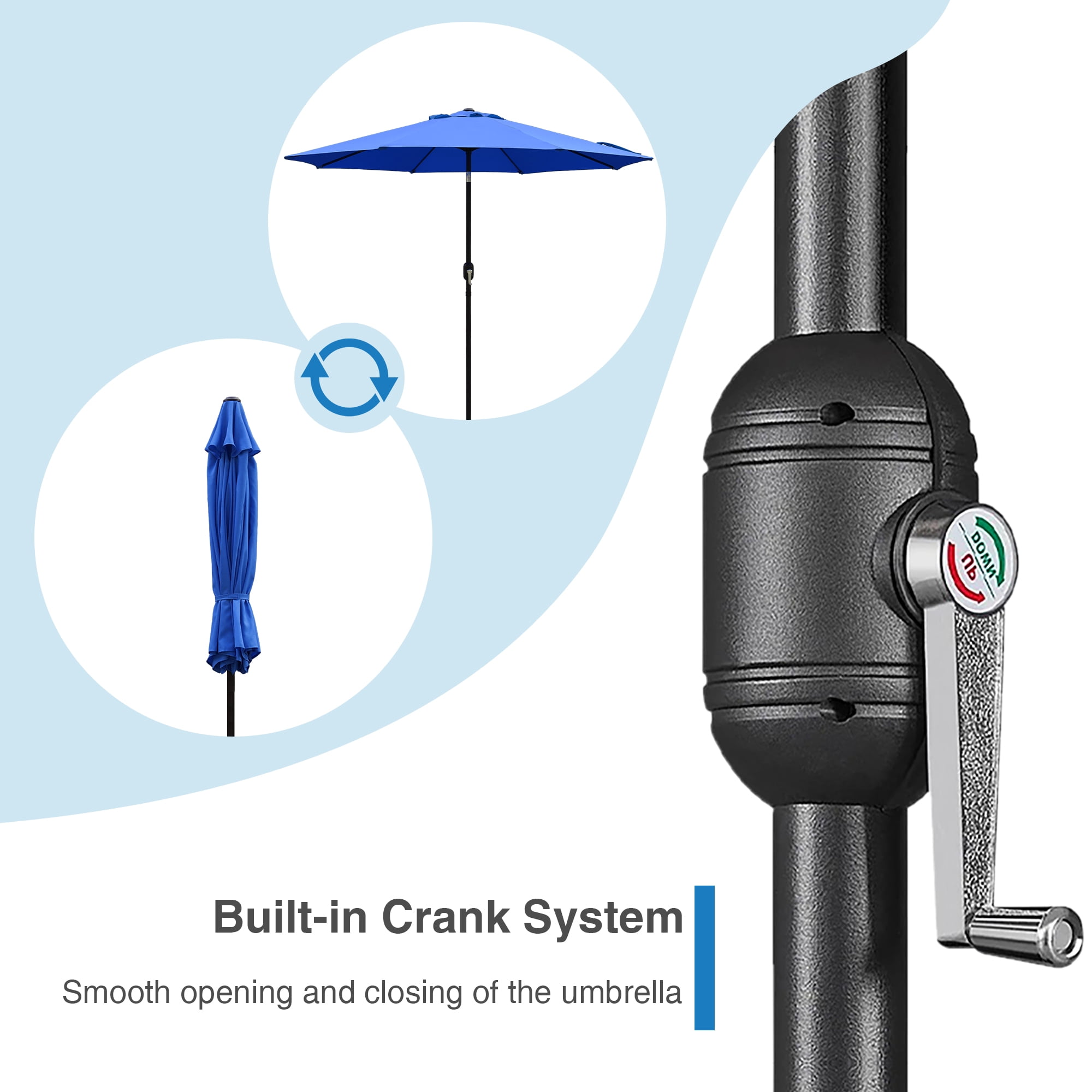 Abble Outdoor 9ft Patio Umbrella with Crank Handle and Push Button Tilt, Outdoor Market Umbrella with 8 Ribs for Garden, Deck, Backyard, Pool, Royal Blue