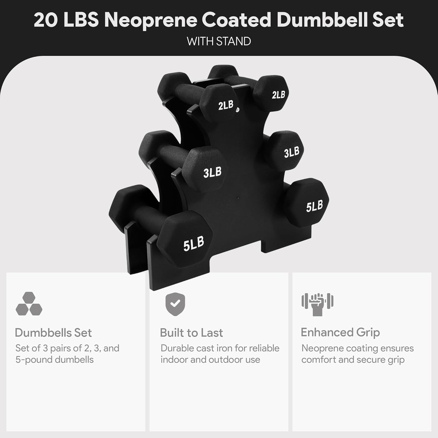 Neoprene Coated Hex Dumbbell Set with Stand, 32lb Total (3/5/8lb Pairs), Non-Slip Grip Hand Weights for Strength Training & Home Gym Workouts