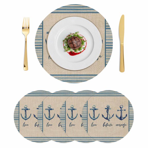Blue Nautical Anchor Round 15 Inch Placemats Set of 4, Country Retro Ocean Beach Stripes Beige HeatResistant Non Slip Place Mats for Dining Table, Wipeable Braided Kitchen Table Mats for Housewarming