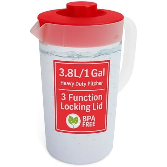 Water Pitcher with Lid 1 Gallon Pitcher, Freezer/Dishwasher Safe, BPA Free & Phthalate Free - Red