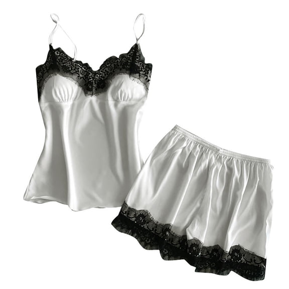REALiKUN Women Pajama Set Lace Trim Short PJ Set Modal Sleeveless Sleepwear Drawstring Waist Nightwear White XL
