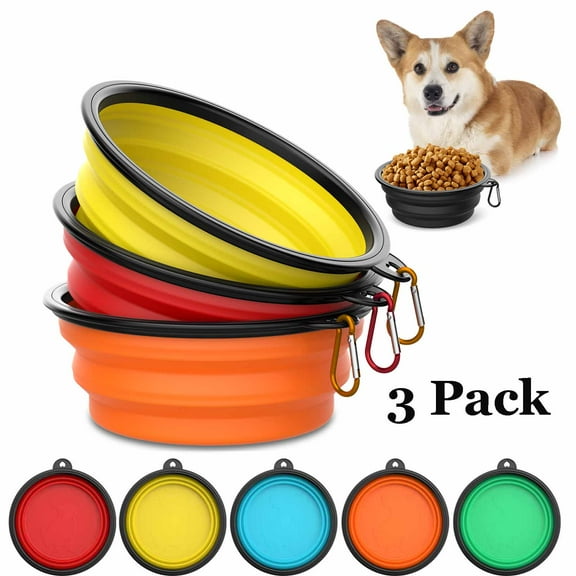 3-Pack Collapsible Pet Bowls with Carabiners, BPA-Free TPE Foldable Dog Cat Travel Bowl for Camping Hiking, 20oz Portable Food & Water Dish (Red Orange Yellow)