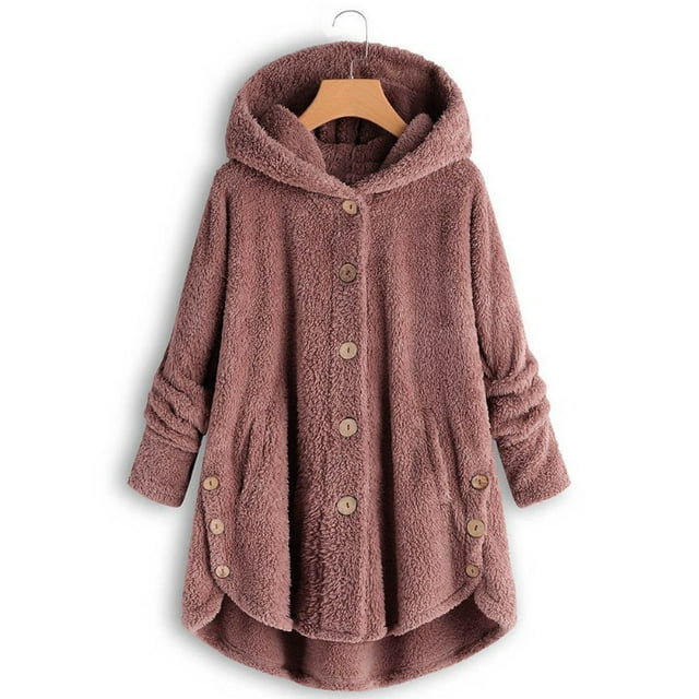 Veste pour Femmes Mode Bouton Laine Duveteuse à Capuche Veste Ample Chaleur Hiver Grande Taille