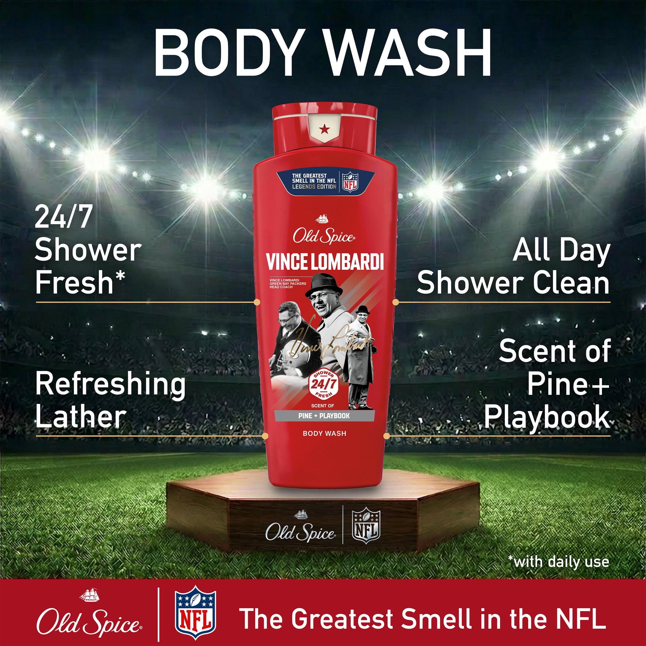 Old Spice Body Wash for Men, NFL Collection, Vince Lombardi, Scent of Pine + Playbook, 24 fl oz