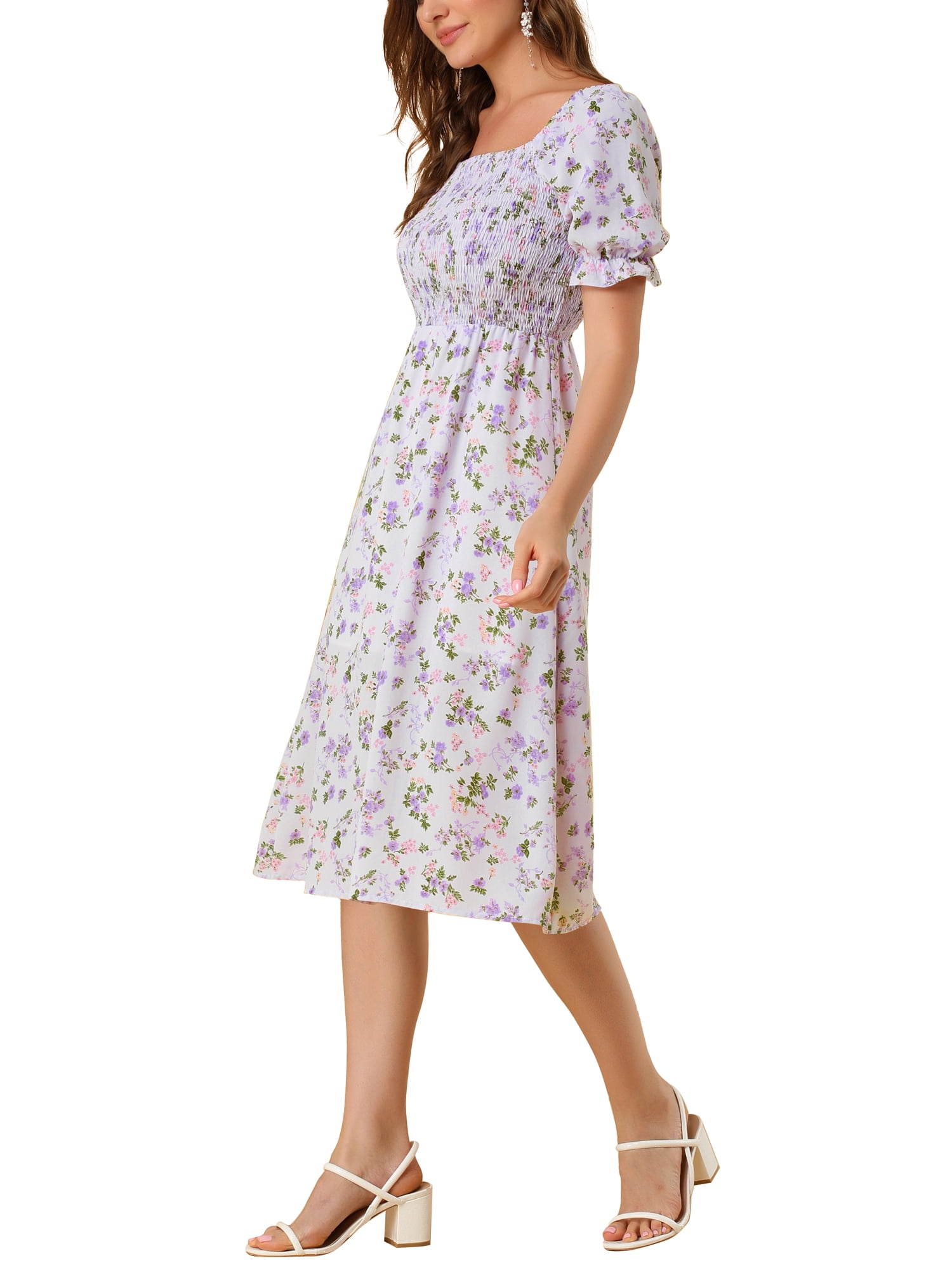 DARING DIVA Square Neck Puff Sleeves Smocked Waist Midi Floral Dres S Purple