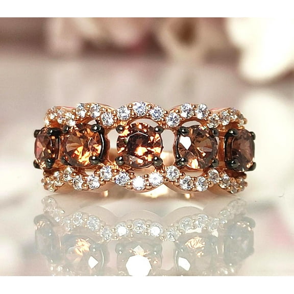 Silver & Stone Jewels Rose Gold Finish Multi-Stone Band Ring with Brown & White CZ – Elegant Anniversary or Cocktail Ring for Women