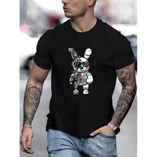 Robot Rabbit Graphic Men's Short Sleeve T-shirt, Comfy Stretchy Trendy Tees For Summer, Casual Daily Style Fashion Clothing Tee For Adult, Men, Women, Teen, Teenager, Adolescent, Youth.