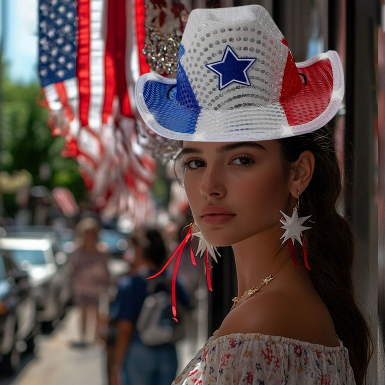 7828 Sparkly Us-flag Western Cowboy Hat - 4th Of July Red White Blue Sequin Sparkly US-Flag Western Cowboy Hat, 4th of July Red White  main image 3