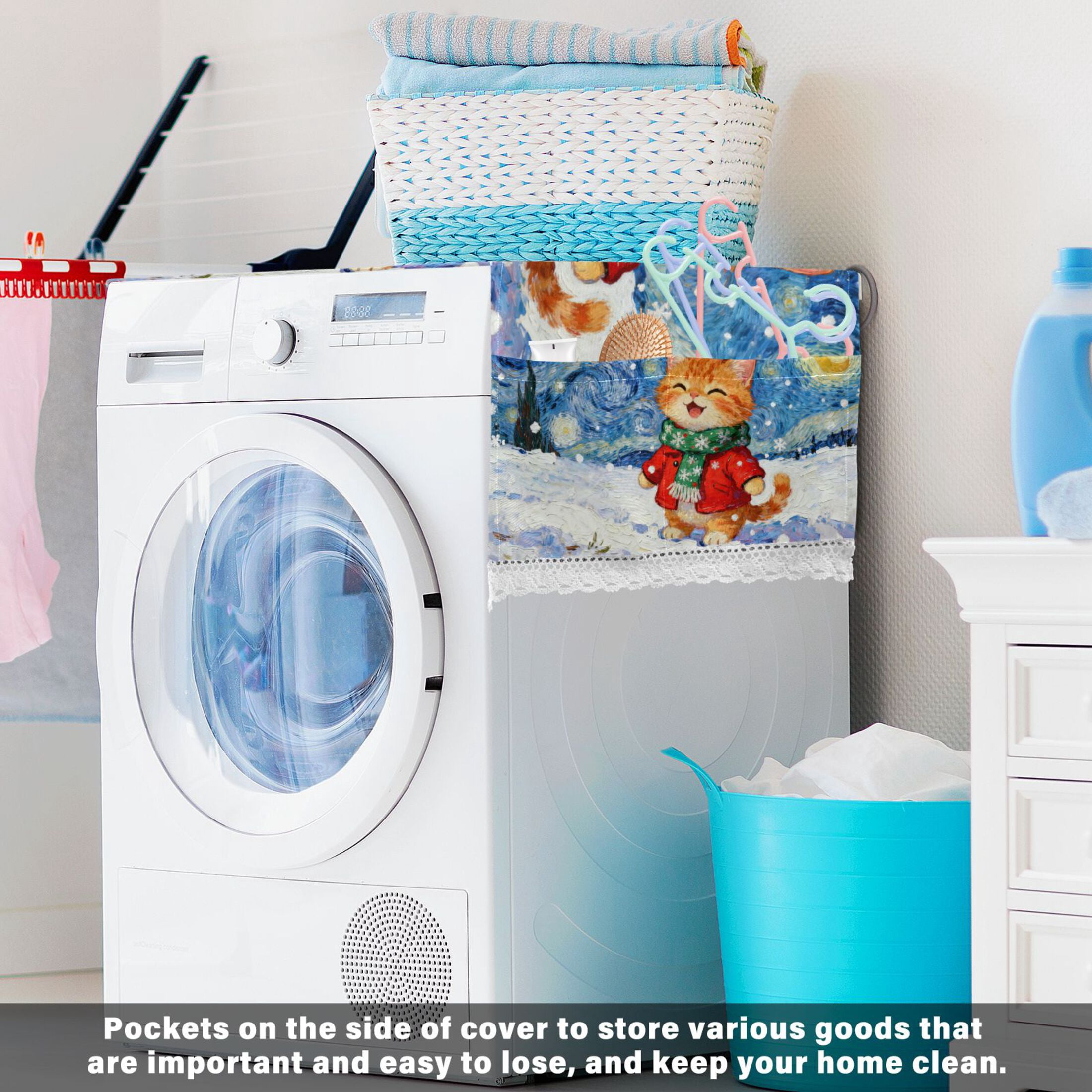 Wobogo Starry Snow Cat Washing Machine Cover Dustproof Washer Dryer Cover Waterproof Laundry Room Decorative Protector